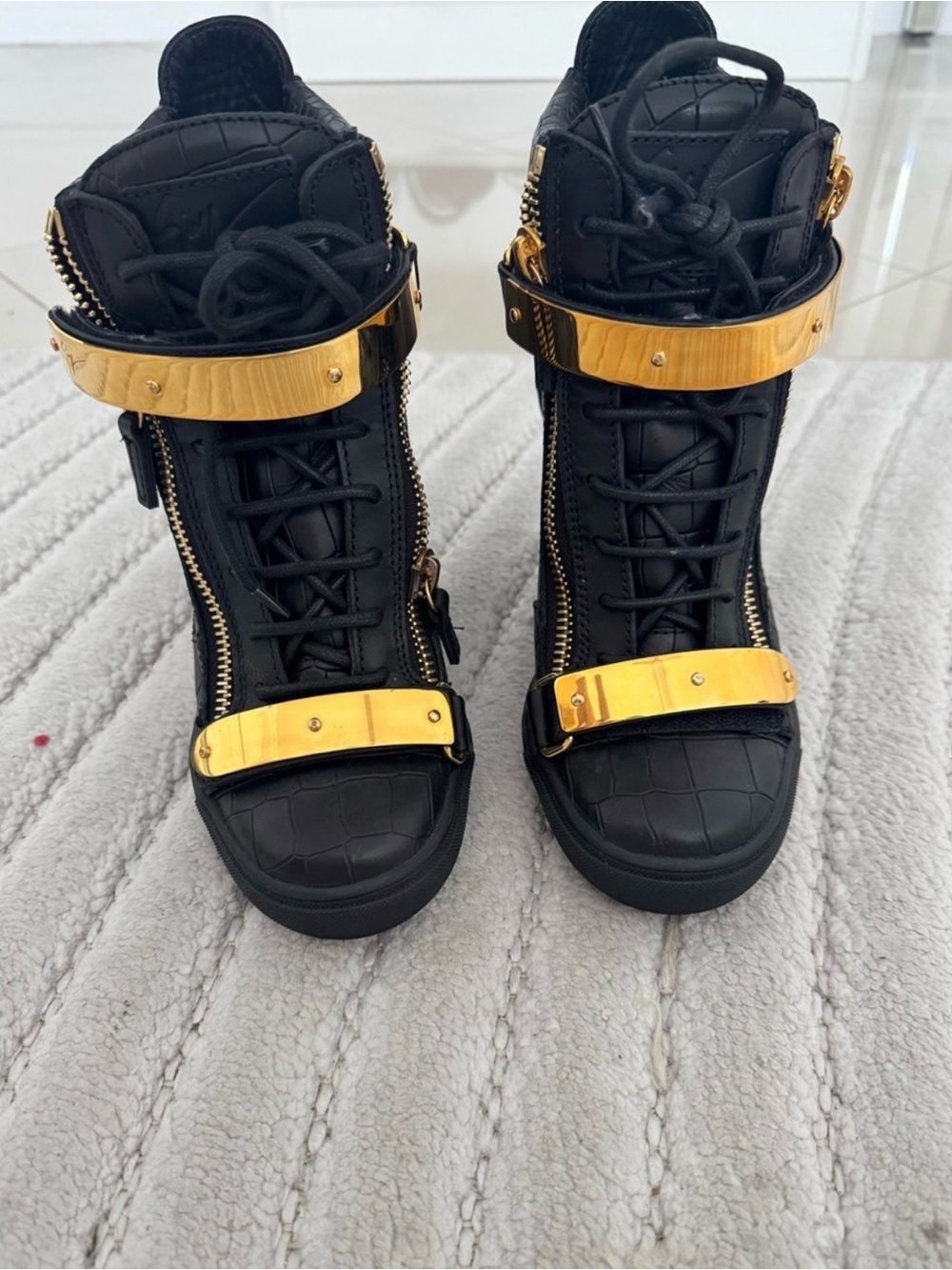 Giuseppe Zanotti Black High-Top Sneakers with Gold Plates